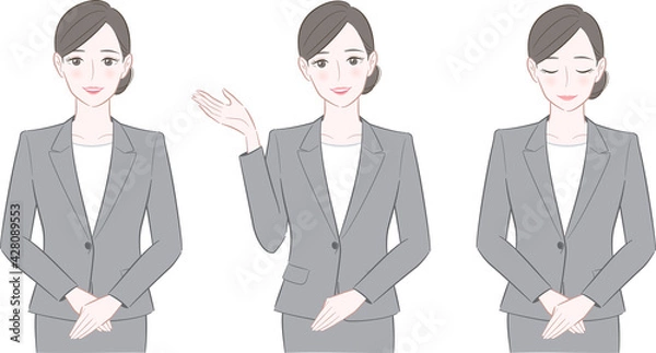 Obraz グレーのスーツを着た女性のイラスト 3ポーズセット