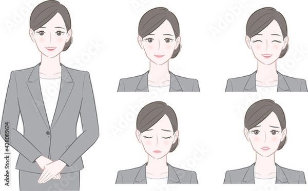 Fototapeta グレーのスーツを着た女性のイラスト 表情セット