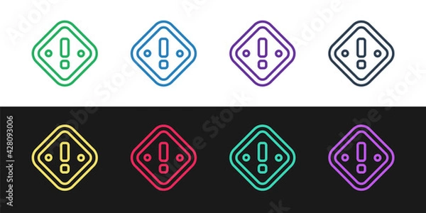 Fototapeta Set line Exclamation mark in triangle icon isolated on black and white background. Hazard warning sign, careful, attention, danger warning important sign. Vector