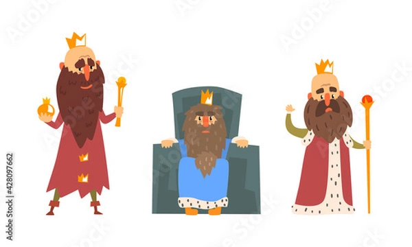 Fototapeta Bearded Kings Wearing Crowns and Mantles Holding Sceptre Vector Set