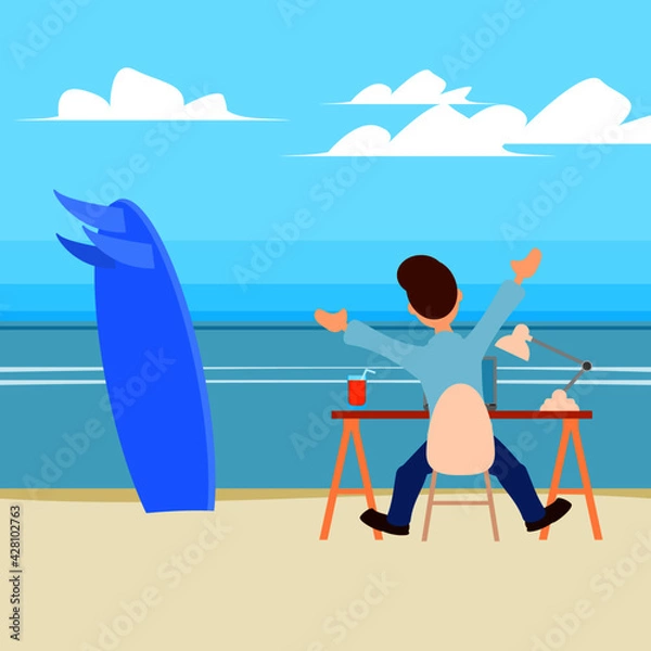Obraz Man sitting at his desk working on the beach. Travel concept and work together. Flat design vector illustration
