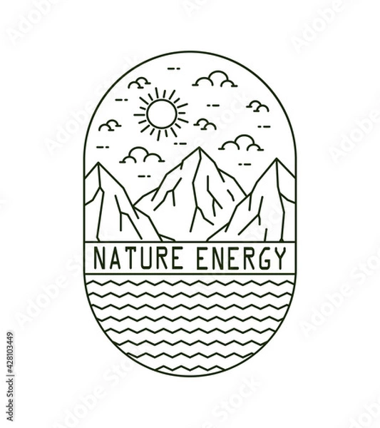 Fototapeta illustration of mountains and sea with writing nature energy in mono line art ,badge patch pin graphic illustration, vector art t-shirt design