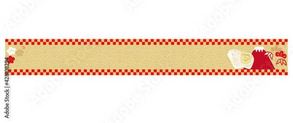 Fototapeta トラと富士山と和柄の背景の横長のバナーイラスト