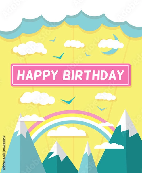 Fototapeta Greeting card with mountains and rainbow