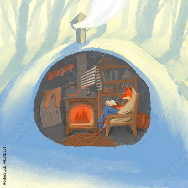 Fototapeta Raster illustration about the fox sitting on the armchair and reading the book near the fireplace in burrow.