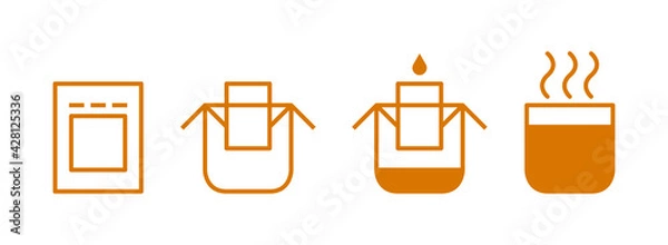 Fototapeta Drip bag coffee brewing instruction icons set. Step by step cooking instruction