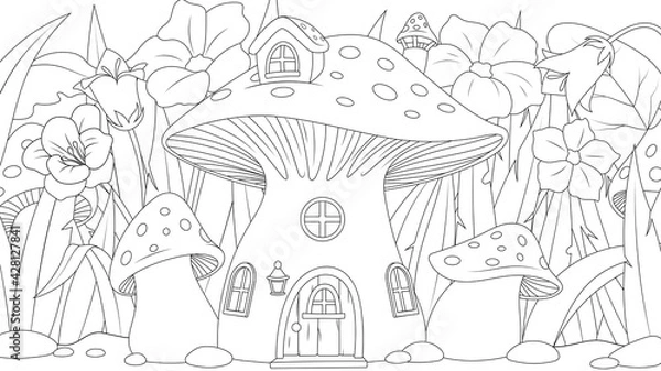 Fototapeta Vector graphics, mushroom house for a fairy, in a fairy glade with flowers, fantasy