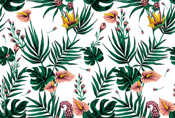 Fototapeta Seamless pattern of gouache-painted leaves of Hawaiian herbs and trees. Trending botanical background with tropical plants