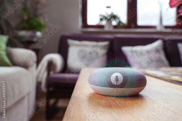 Fototapeta voice controlled smart speaker in a interior home environment. Smart AI speaker concept