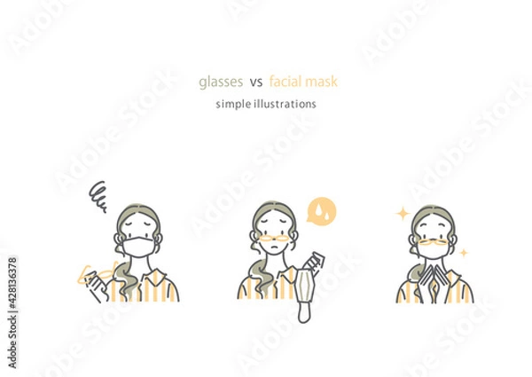 Fototapeta シンプルでおしゃれな若い女性の線画イラストセット　マスク　メガネ　シャツワンピ