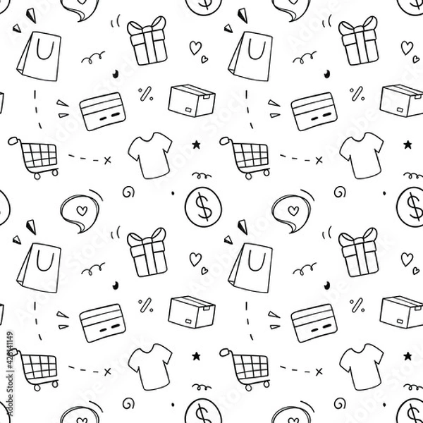 Obraz Shopping seamless pattern. Doodle Drawing design concept. Vector illustration