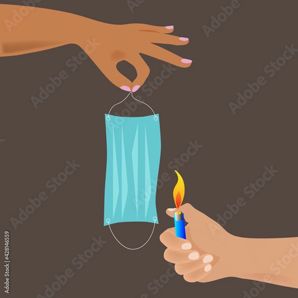 Obraz Burning the mask. No masks. Protective medical mask.The hand sets fire to the surgical mask. Destroy respirators. End of the coronavirus pandemic. End of mask mode.