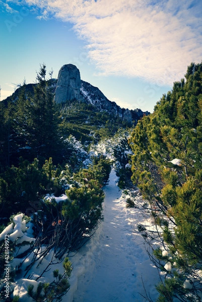 Obraz Beautiful winter landscape in the mountains	with clouds and snow covered road.