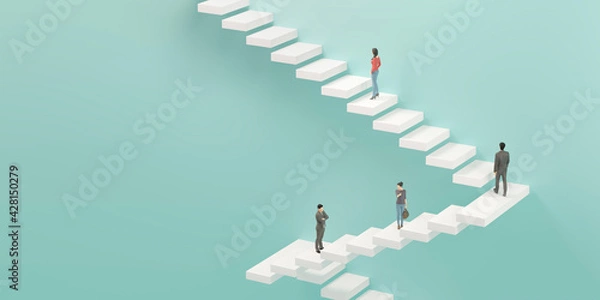 Obraz 階段を上るビジネスマンの3Dレンダリンググラフィックス / ステップアップ・上昇志向・継続的努力のコンセプトイメージ