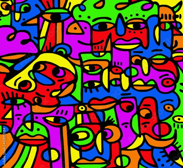 Fototapeta Abstract drawing of black lines painted in different colors.Backgrounds and textures