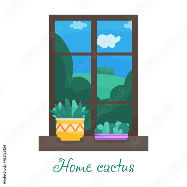 Obraz Set of trendy, vector, indoor plants in pots for the house on the window Cacti isolated on white background. Bright flat illustrations. Printing, fabric. textiles, interior