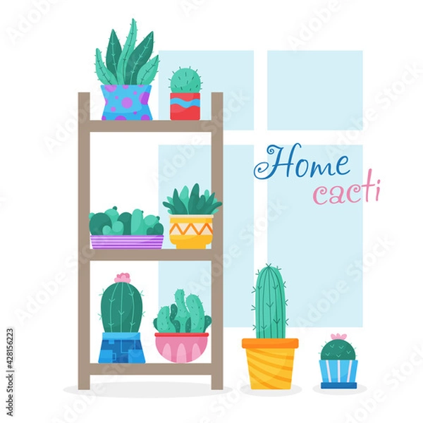 Obraz Set of trendy, vector, houseplants in pots for home on the shelves. Cacti on a rack isolated on a white background. Bright flat illustrations. Printing, fabric. textiles, interior. Vector illustration