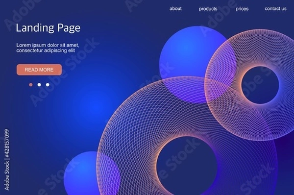 Obraz Futuristic abstract background with linear swirl, template for landing page, cover, banner, leaflet. Interface for website. Modern design with round luminous elements and 3d spheres