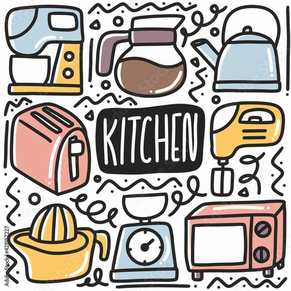 Obraz hand drawn kitchen equipment doodle set