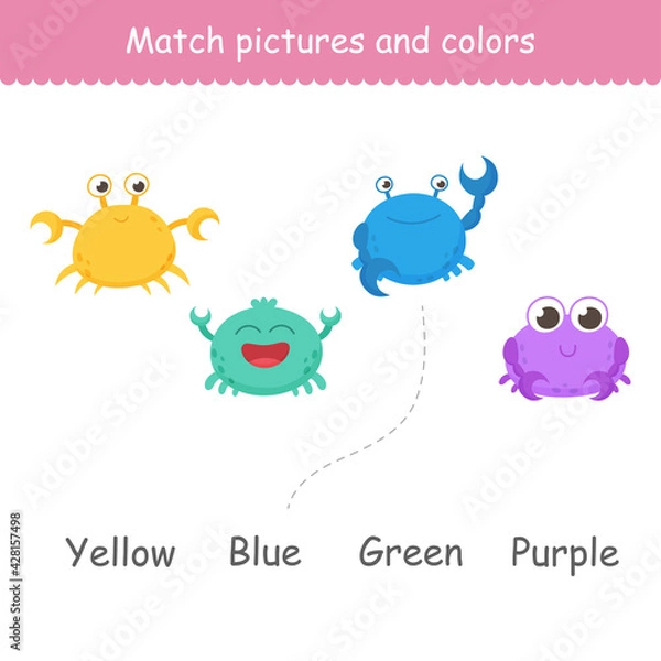Obraz Isolated funny sea crabs. Set of freshwater aquarium cartoon crabs for print, kids development, find the right color. Varieties of decorative colored animals. Vector illustration