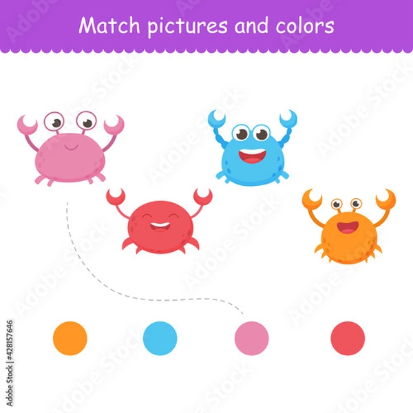 Obraz Isolated funny sea crabs. Set of freshwater aquarium cartoon crabs for print, kids development, find the right color. Varieties of decorative colored animals. Vector illustration