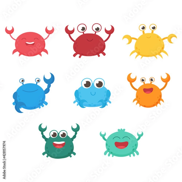 Obraz Isolated funny vector sea crabs. Set of freshwater aquarium cartoon crabs for print, children development. Arthropod, graphic, decorative, colored, animals. Vector illustration