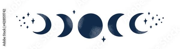 Obraz Vector moon phase illustration. Abstract modern design with crescent moon and stars. Celestial mystic concept with grunge texture isolated on white background. Aesthetic boho gorizontal poster.