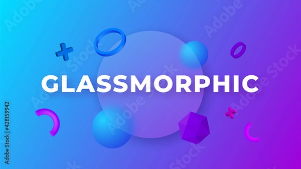Fototapeta Glassmorphism concept with 3d geometric shapes. Frosted glass effect. Illustration on blurred gradient vector background