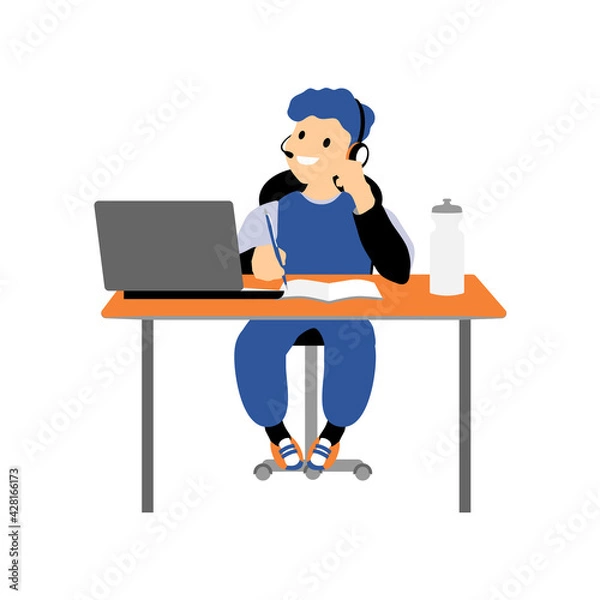 Fototapeta online lessons, a schoolboy sitting at a laptop. Vector illustration. Without a background, isolated.