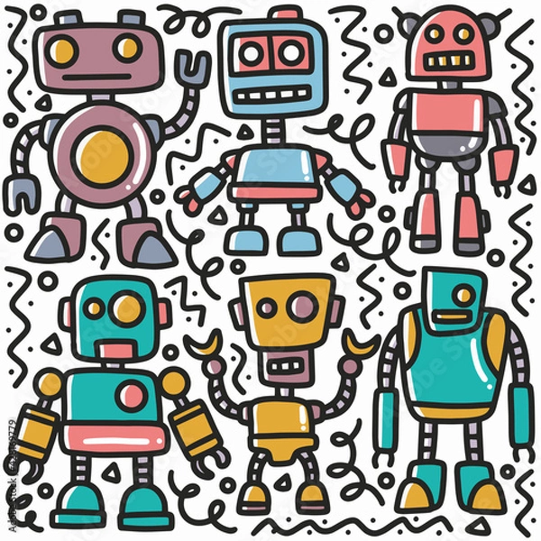 Fototapeta hand drawn robot doodle set