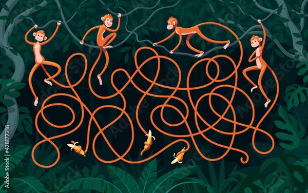 Fototapeta Four monkeys with long tails hang from vines in a dark forest. Guess which monkey didn't get the banana? Children's puzzle with a maze.