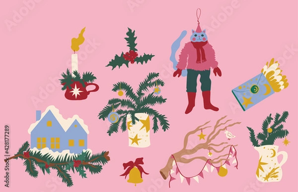 Fototapeta Vector illustration set with Christmas decorations and ornaments. Cute cat, little house, bell with ribbon, jug, fir branches, fairy lights, candle, letter, mistletoe. Festive, new year, for kids