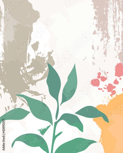 Fototapeta Illustration vector EPS print hand draw painted abstract shapes with plant botanical garden contemporary mid century boho modern art Scandinavian nordic design style