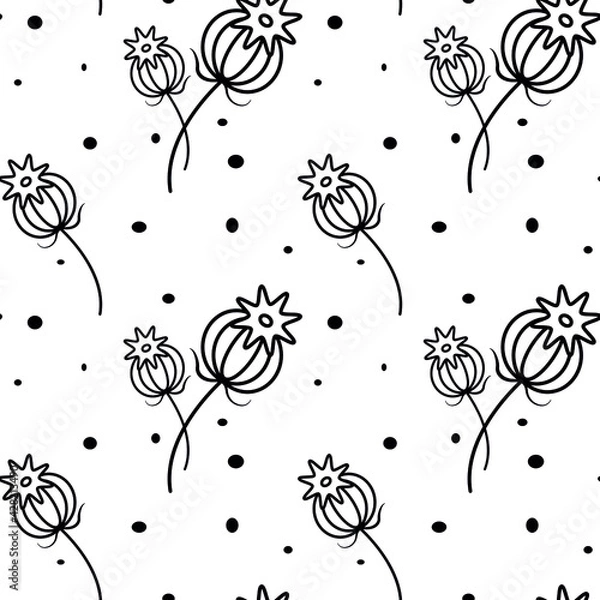 Fototapeta Black seamless pattern. Flowers, poppy pods and seeds in different sizes. Decorative print. White background. Botanical print. Vintage print. Grunge texture. Nature art. Decorative element.