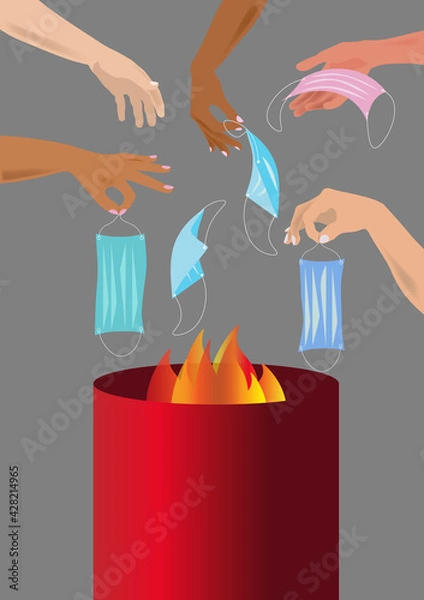 Obraz Burning protective surgical medical masks in a barrel. No masks. Many colored hands throw surgical masks into the fire. Destroy respirators. End of the coronavirus pandemic. End of mask mode.