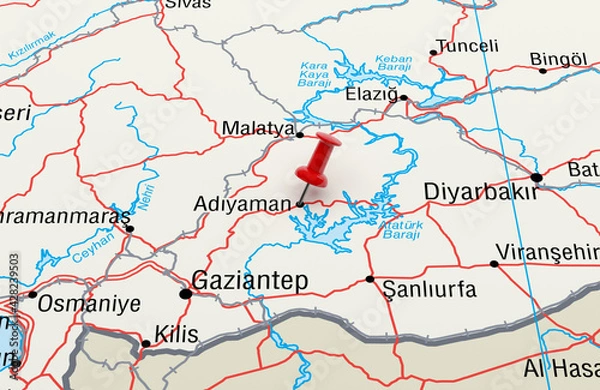 Obraz Map showing Adiyaman, Turkey with a Red Pin. 3D Rendering