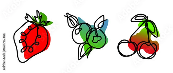 Fototapeta Vector set of berry blueberry, cherry and strawberry in one line endless style. Collection with color abstract  spot background. Can be applied as a sticker, icon, logo.