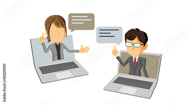 Obraz PCの画面から飛び出して会話するスーツ姿の男性と女性のイラスト	