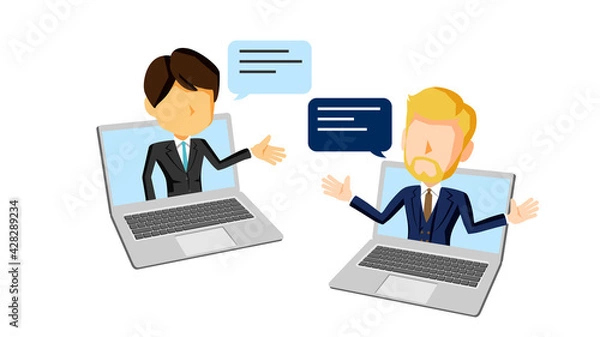 Obraz PCの画面から飛び出して会話するスーツ姿の男性２人のイラスト	