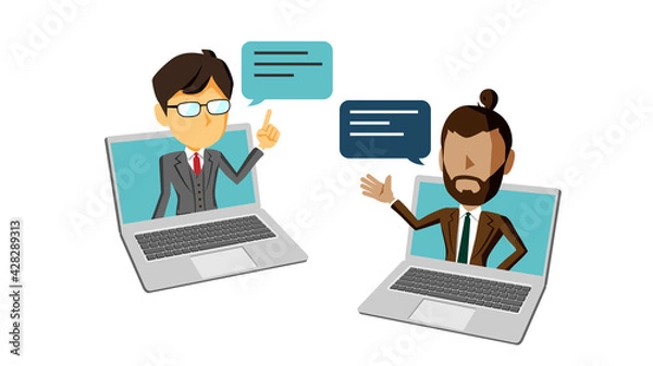 Obraz PCの画面から飛び出して会話するスーツ姿の男性２人のイラスト	