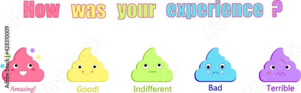 Fototapeta Poop emoji feedback scale template on white background.  Poop emoticon set. User experience. Consumer review. Poop icons. Rank, level, satisfaction. Cute.