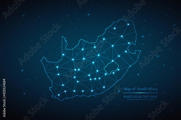 Fototapeta Abstract map of South Africa geometric mesh polygonal network line, structure and point scales on dark background. Vector illustration eps 10