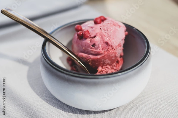 Obraz Scoop of Strawberry ice cream or gelato in bowl with pink chocolate chips and spoon. Dessert.