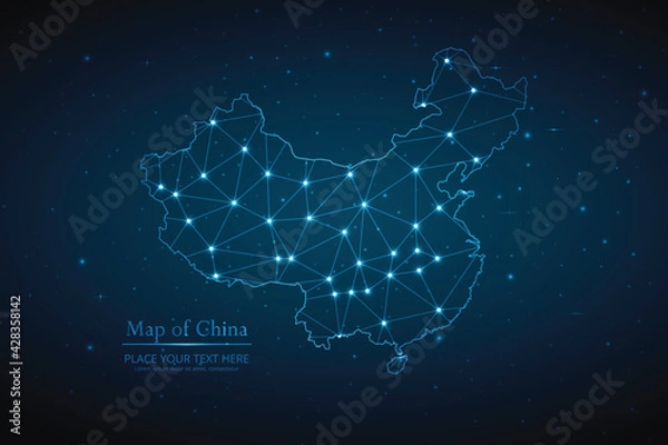 Fototapeta Abstract map of China geometric mesh polygonal network line, structure and point scales on dark background. Vector illustration eps 10