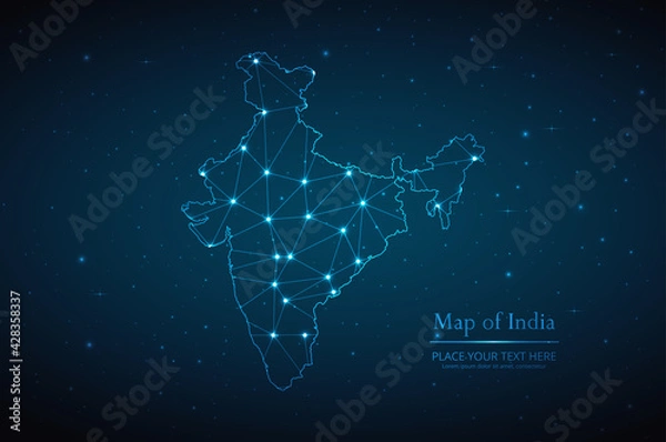 Fototapeta Abstract map of India geometric mesh polygonal network line, structure and point scales on dark background. Vector illustration eps 10