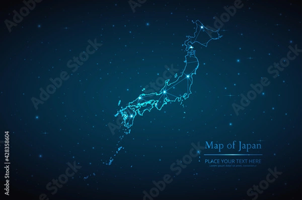 Fototapeta Abstract map of Japan geometric mesh polygonal network line, structure and point scales on dark background. Vector illustration eps 10