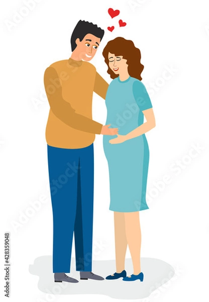 Fototapeta Pregnant woman. Couple in love. Happy expecting couple baby. Man hold wife, isolated flat young family vector characters.
