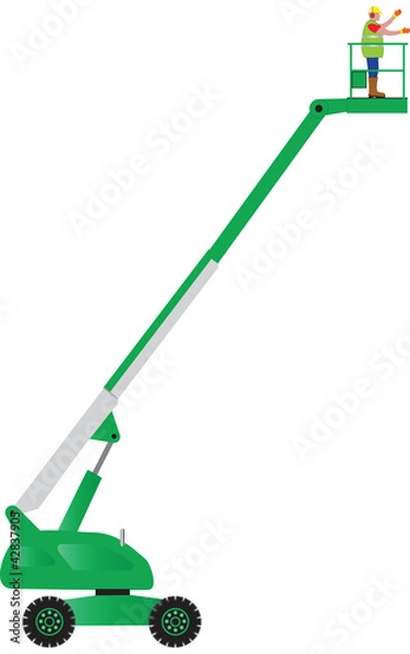 Obraz A Green Cherry Picker with Construction Worker