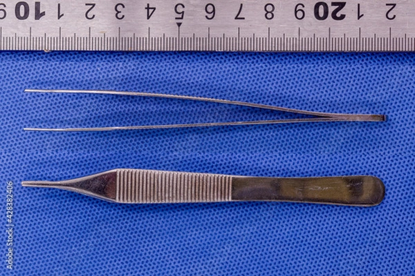 Fototapeta Adson plain forceps on a blue background