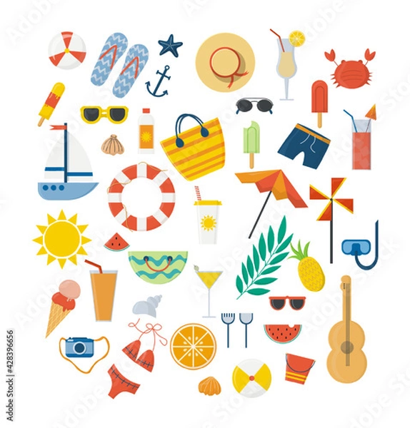 Fototapeta Zestaw letni, dodatki. Plaża, okulary przeciwsłoneczne, parasol, owoce, krem ​​​​do opalania, deska surfingowa, lody, napoje bezalkoholowe, kapcie. ilustracja wektorowa